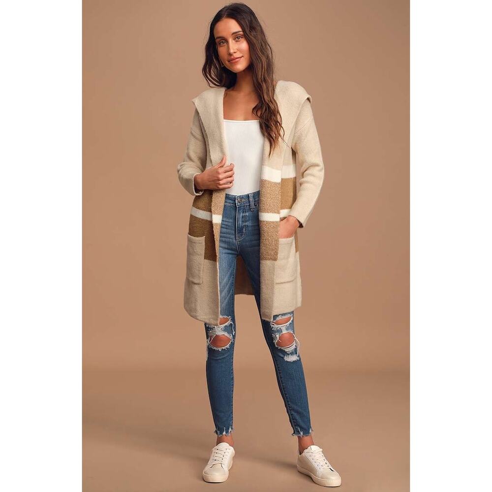 Lulus Carlsbad Tan and Beige Hooded Cardigan Sweater
